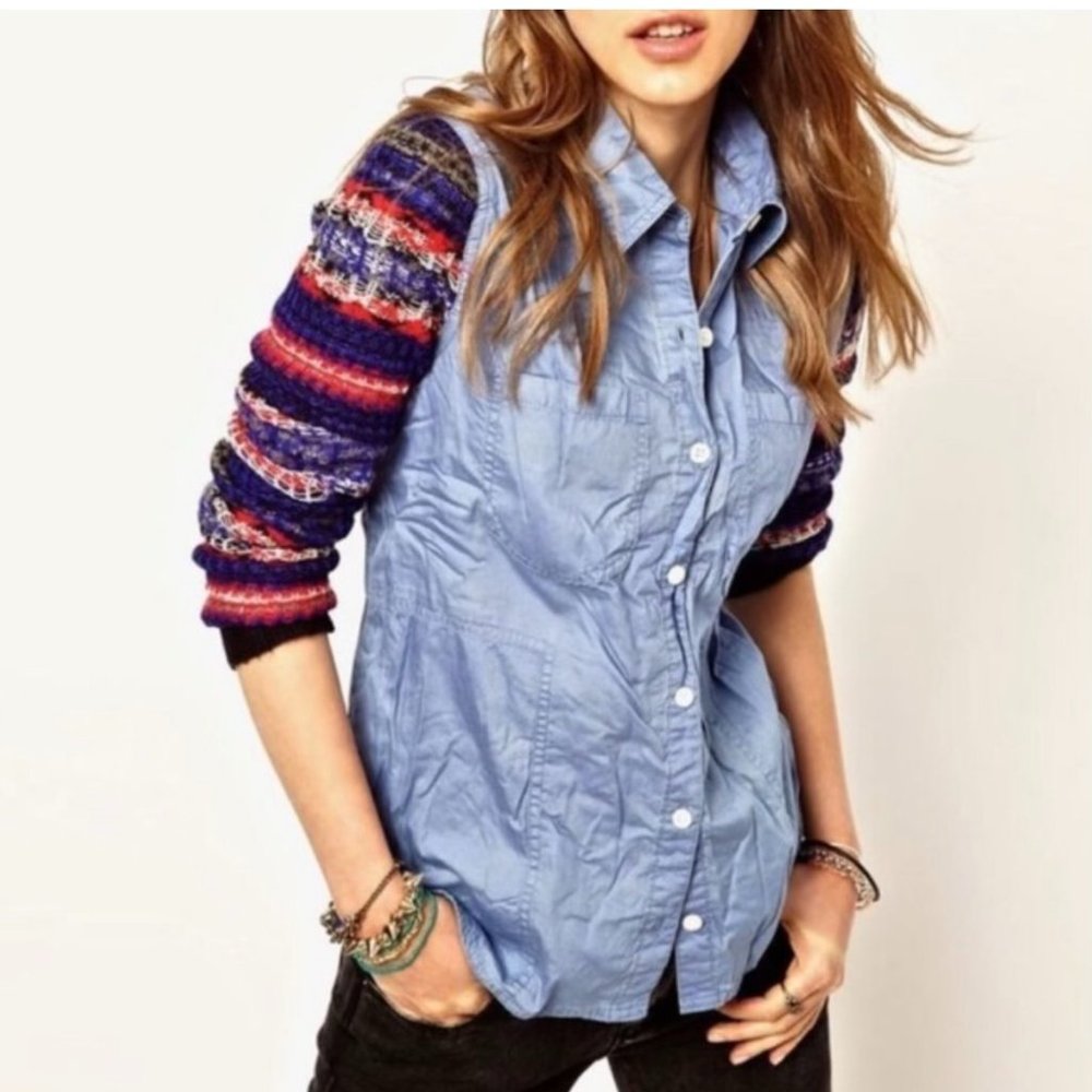 Free People // We The Free Chambray Fair Isle Knit Sleeve Shirt Size Medium